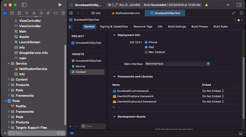 Content Deployment Info와 GroobeeKit.xcframework 설정