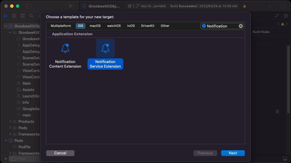 Notification Service Extension 선택