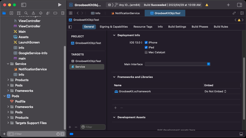 Service Deployment Info와 GroobeeKit.xcframework 설정
